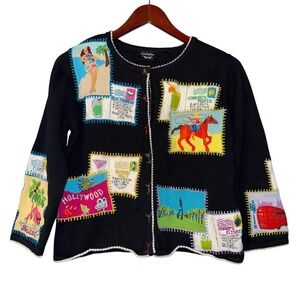 Vtg Christina Rotelli Cardigan Sweater S Recipes Travel Cards Grandma Novelty